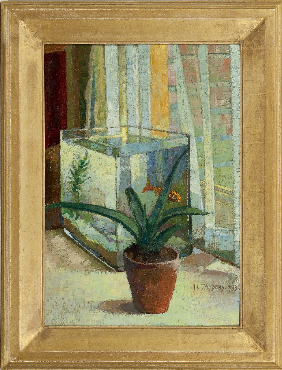 Jaspers H.T.  | Hendrik Theodorus 'Henk' Jaspers | Paintings offered for sale | Still life with an aquarium, oil on panel 46.5 x 33.0 cm, signed l.r. and dated 1933