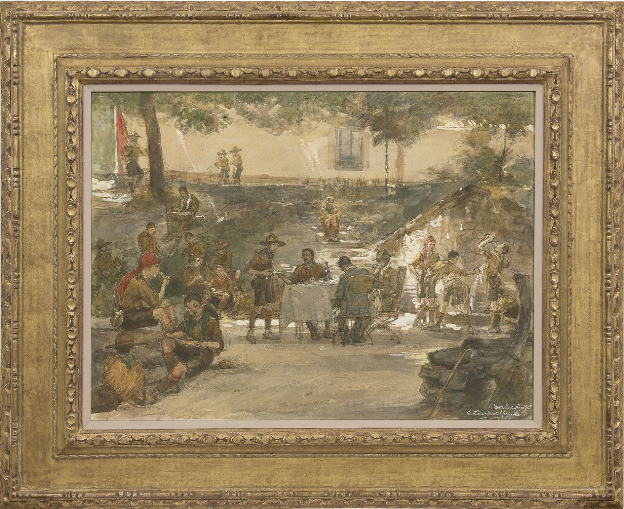 Bueno de Mesquita D.A.  | David Abraham Bueno de Mesquita | Watercolours and drawings offered for sale | Boy scouts at the Escorial, Spain, black chalk and watercolour on paper 47.5 x 63.0 cm, signed l.r. and dated 'Escorial' Aug 1915