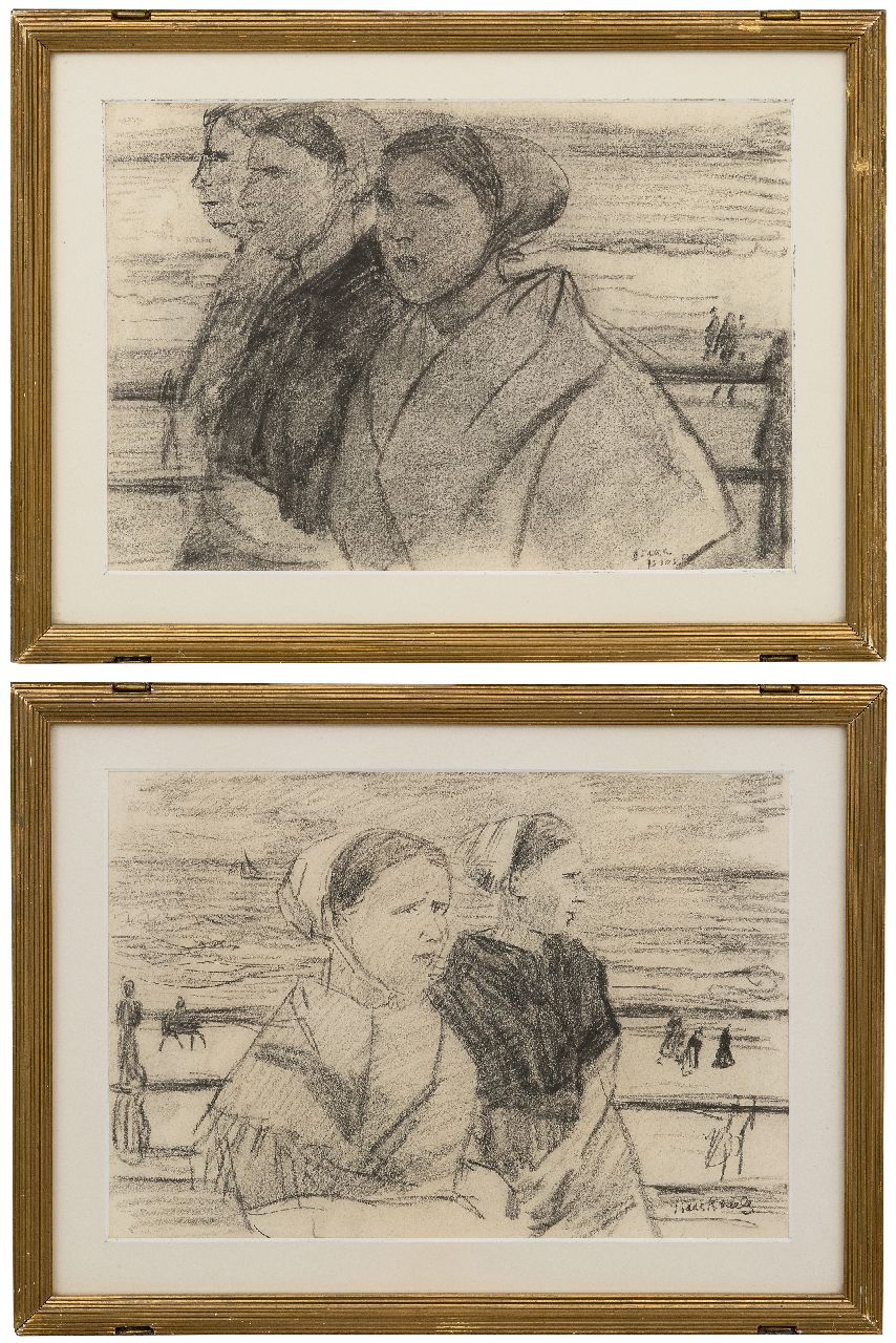 Israels I.L.  | 'Isaac' Lazarus Israels | Watercolours and drawings offered for sale | Scheveningen fisherwomen on the boulevard; reverse: Three fisherwomen, pastel on paper 22.0 x 31.5 cm, signed l.r.