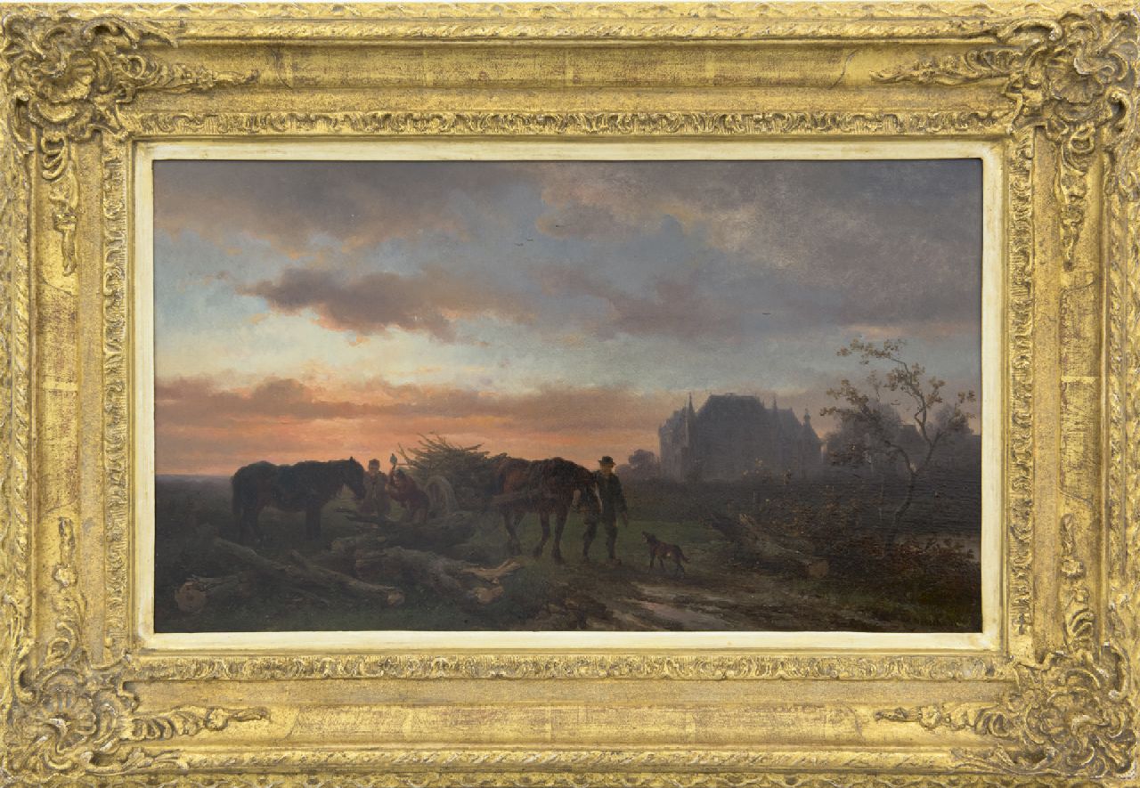 Verschuur W.  | Wouterus Verschuur, Evening landscape and workhorses at sunset, oil on panel 26.2 x 46.0 cm, signed l.r.