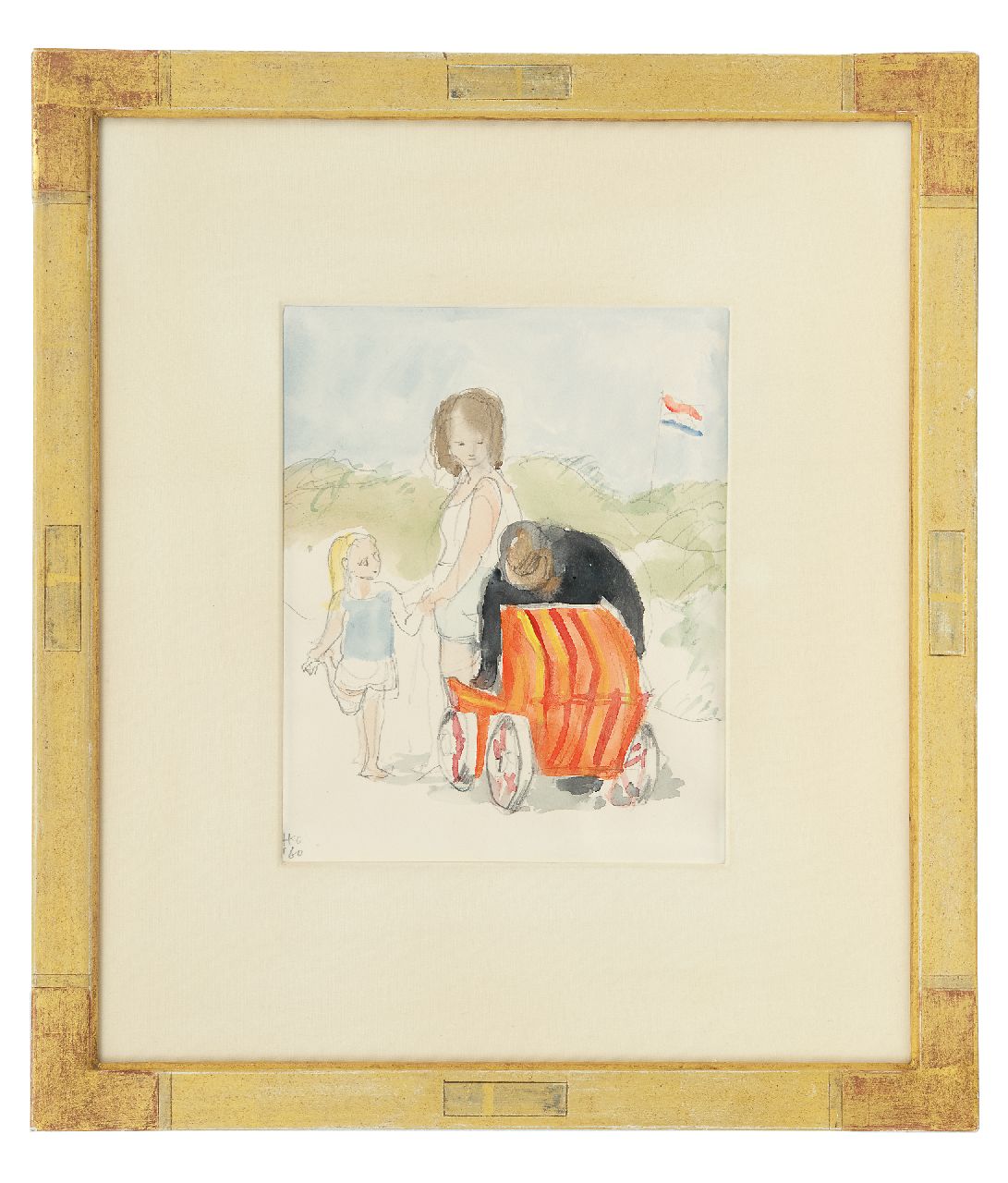 Kamerlingh Onnes H.H.  | 'Harm' Henrick Kamerlingh Onnes | Watercolours and drawings offered for sale | Family in the dunes on Terschelling, pencil and watercolour on paper 18.8 x 16.2 cm, signed l.l. with monogram and painted '60