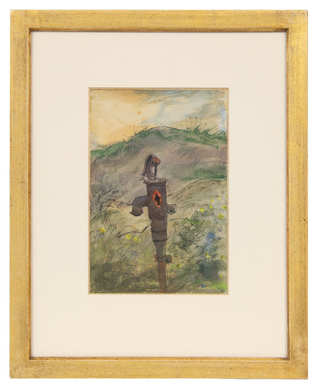 Kamerlingh Onnes H.H.  | 'Harm' Henrick Kamerlingh Onnes | Watercolours and drawings offered for sale | An old waterpump in the dunes, Terschelling, pen, ink and watercolour on paper 22.2 x 15.1 cm, signed l.r. with monogram and painted '60