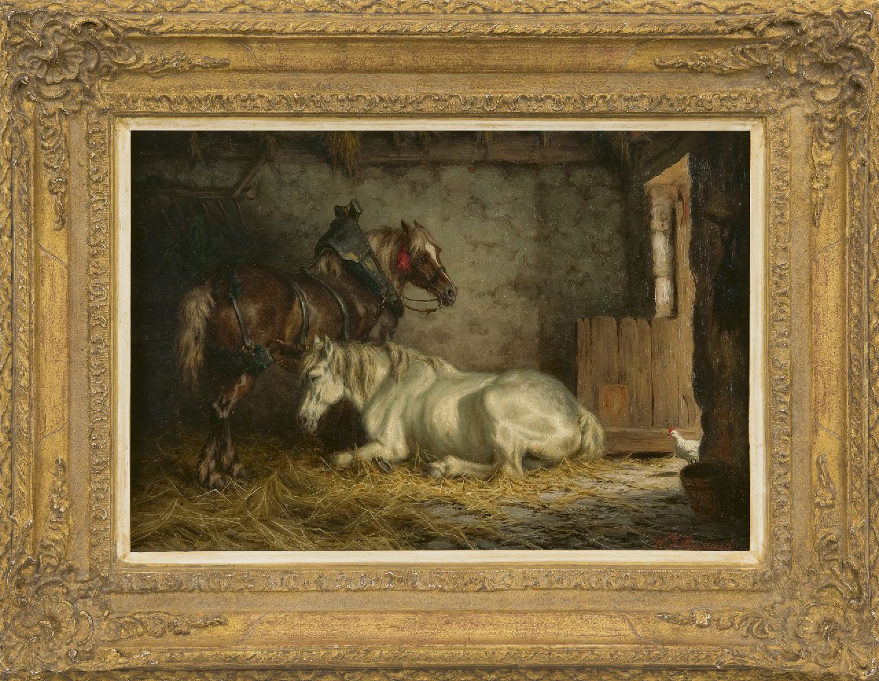 Boogaard W.J.  | Willem Johan Boogaard | Paintings offered for sale | Horses, resting in a stable, oil on panel 27.5 x 40.0 cm, signed l.r.