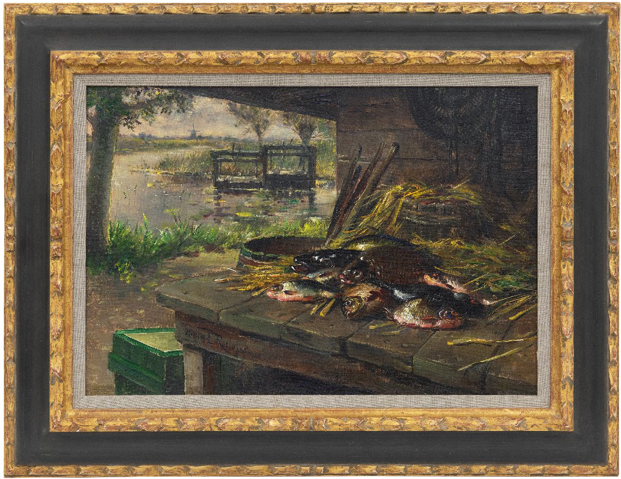 Roelofs jr. W.E.  | Willem Elisa Roelofs jr., Old fishing mine at the water's edge, oil on canvas 31.5 x 46.0 cm, signed l.l. on the table's edge