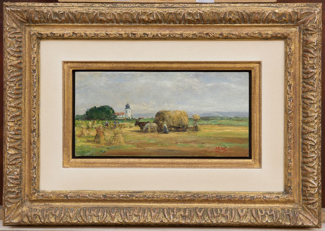 Meyer-Wiegand R.D.  | Rolf Dieter Meyer-Wiegand | Paintings offered for sale | Harvest time in Bavaria, oil on painter's board 10.0 x 20.0 cm, signed l.r. with initials and reverse with atelier stamp
