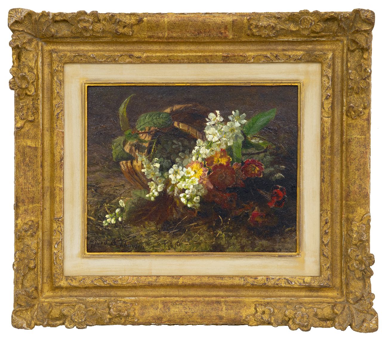Sande Bakhuyzen G.J. van de | 'Gerardine' Jacoba van de Sande Bakhuyzen | Paintings offered for sale | Still life with cherry blossoms and primula, oil on panel 20.8 x 26.1 cm, signed l.l.