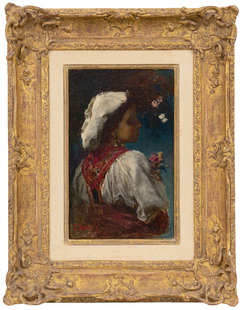 Maris J.H.  | Jacobus Hendricus 'Jacob' Maris, Italienne with flowers and butterflies, oil on panel 33.0 x 20.9 cm, signed l.l. and painted circa 1866-1868