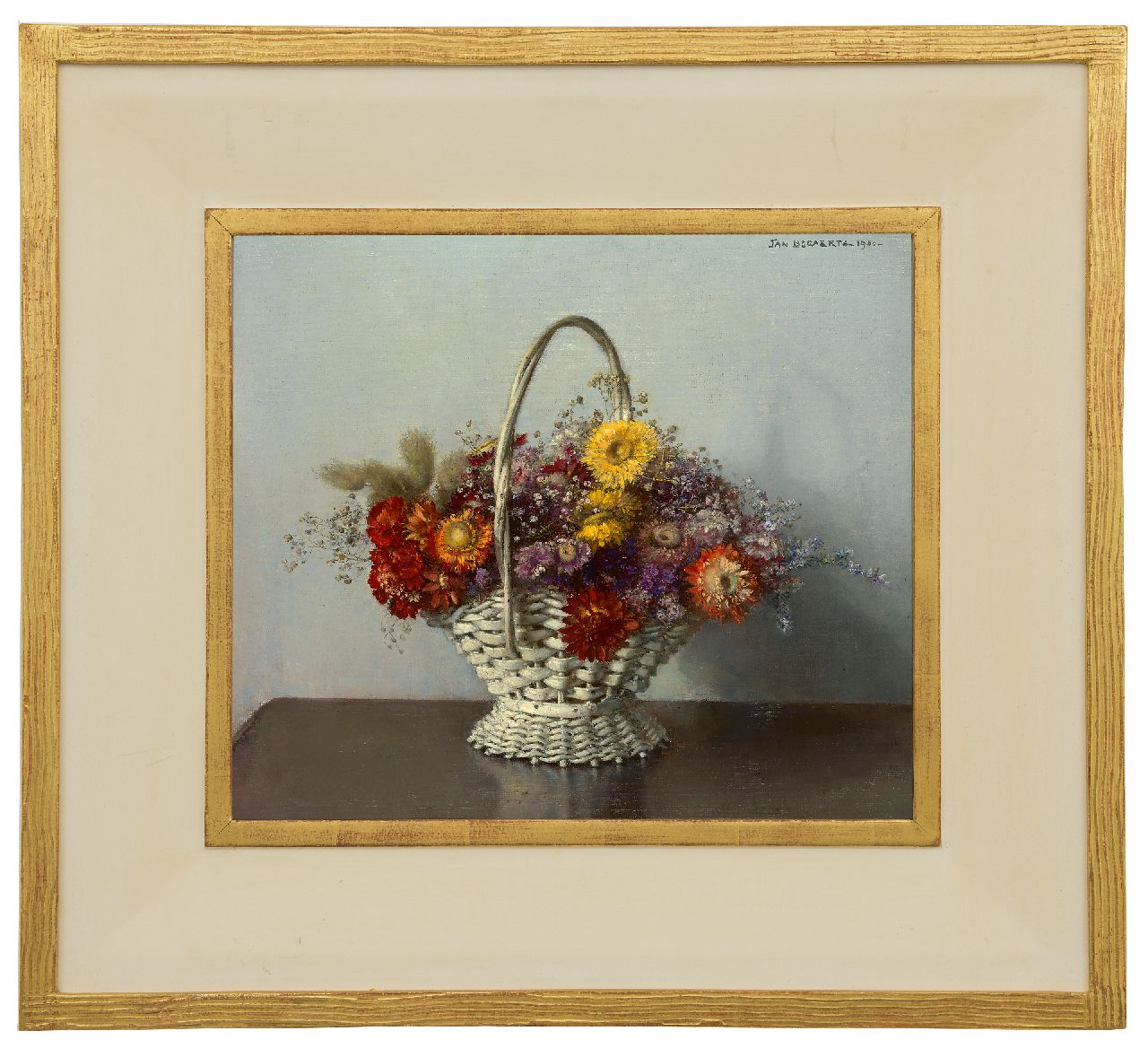 Bogaerts J.J.M.  | Johannes Jacobus Maria 'Jan' Bogaerts | Paintings offered for sale | Bouquet of dried flowers in a basket, oil on canvas 35.0 x 40.0 cm, signed l.r. and dated 1950