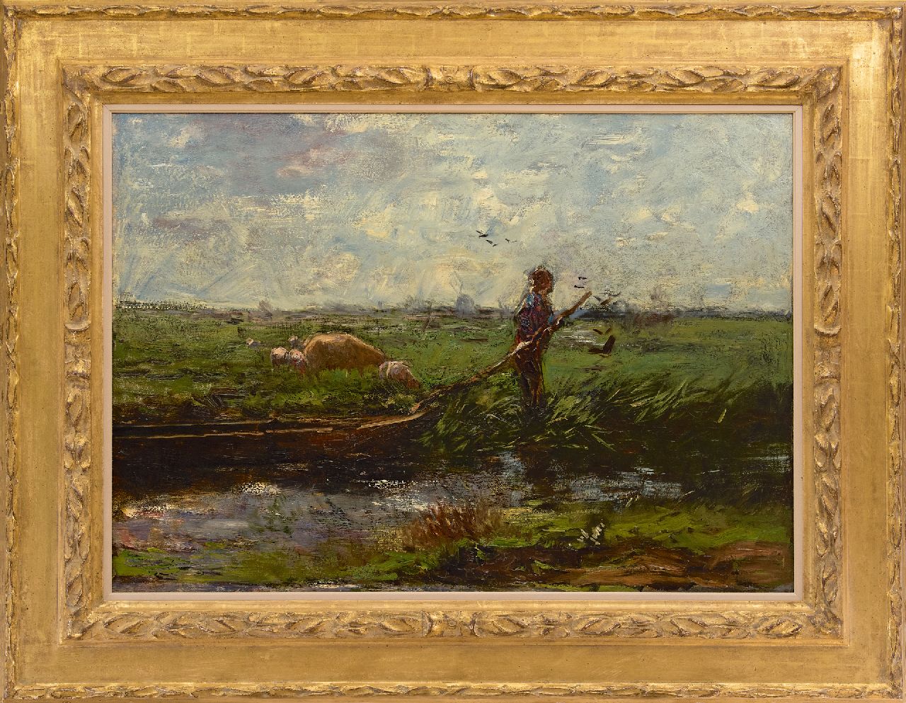 Maris W.  | Willem Maris | Paintings offered for sale | A polder landscape with farmer and barge, oil on canvas 66.3 x 94.5 cm, painted ca. 1906