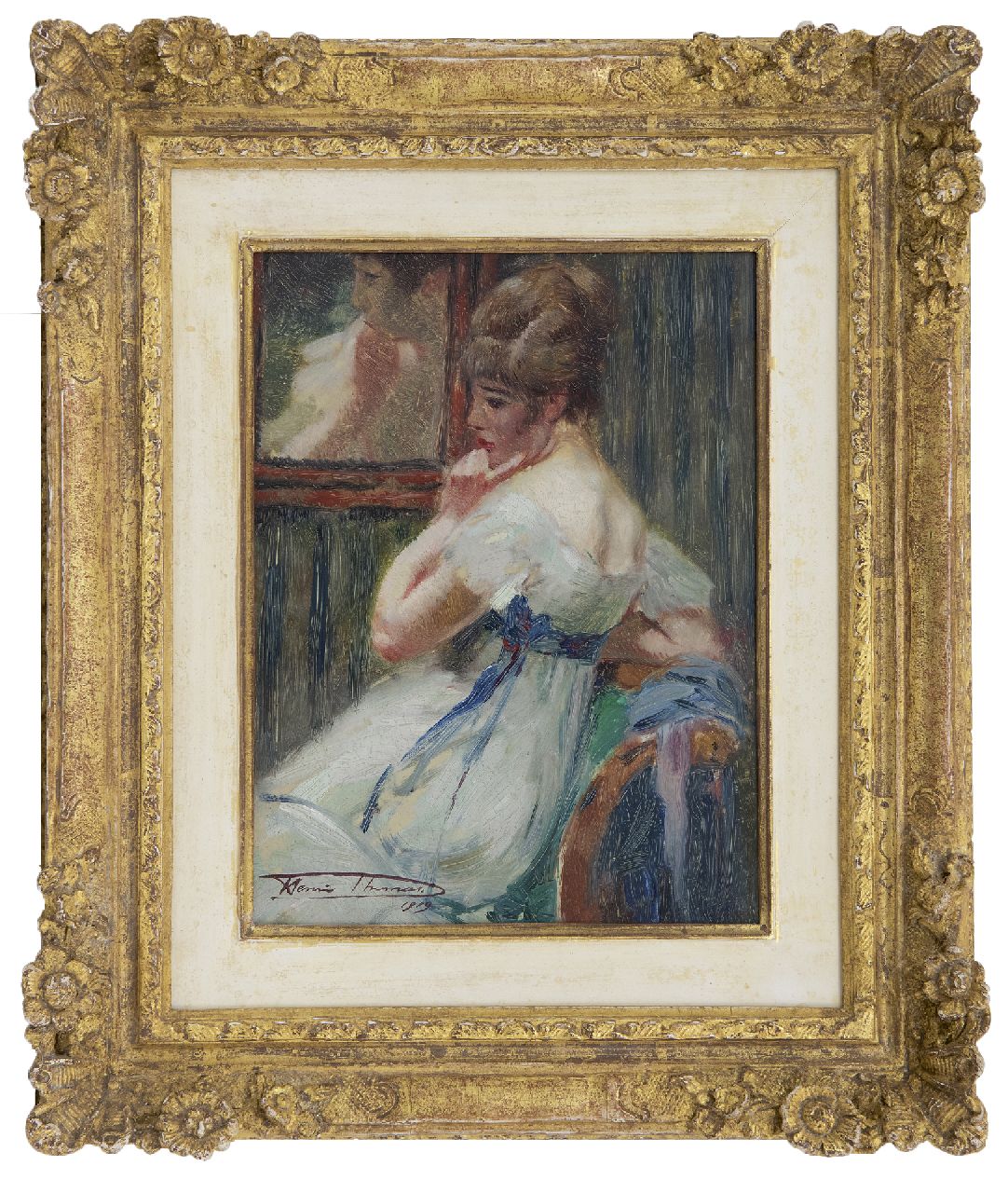 Thomas H.J.  | Henri Joseph Thomas | Paintings offered for sale | In a pensive mood, oil on panel 22.7 x 17.2 cm, signed l.l. and painted 1919