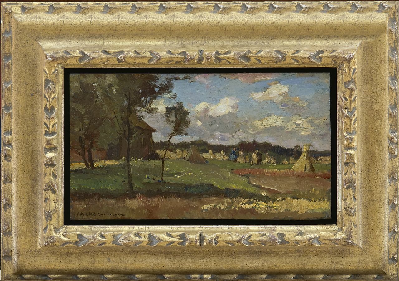 Akkeringa J.E.H.  | 'Johannes Evert' Hendrik Akkeringa, Harvest time, oil on panel 12.5 x 22.0 cm, signed l.l.