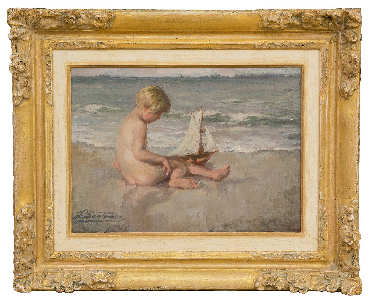 Lentrein J.  | Jules Lentrein | Paintings offered for sale | Girl playing on the beach, oil on panel 25.0 x 35.0 cm, signed l.l.