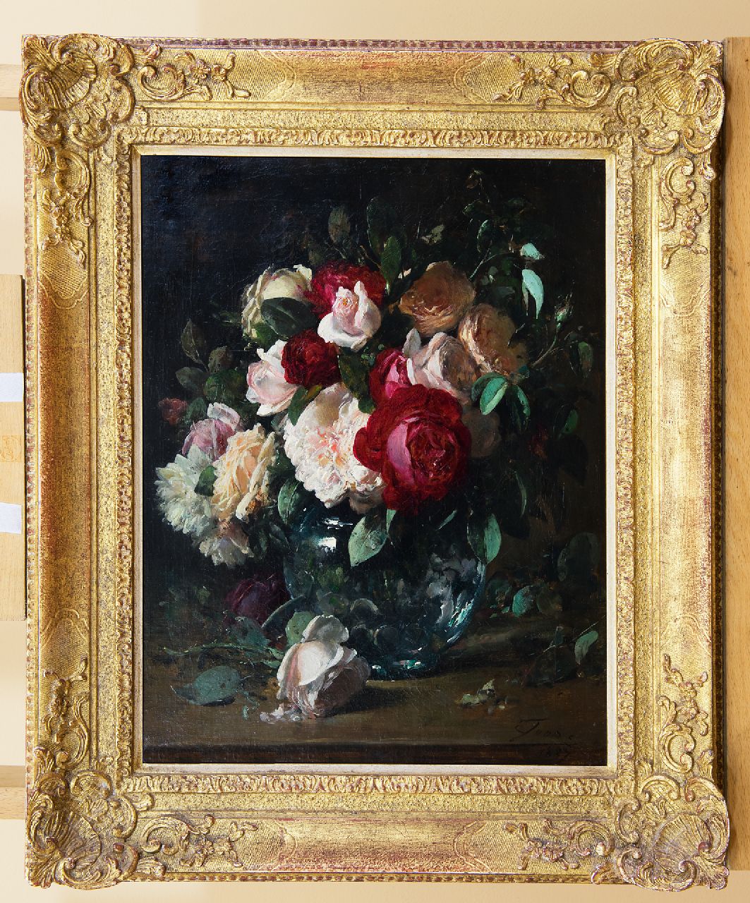 Joors E.  | Eugeen Joors | Paintings offered for sale | Roses in a glass vase, oil on canvas 45.5 x 35.6 cm, signed l.r. and dated 1887