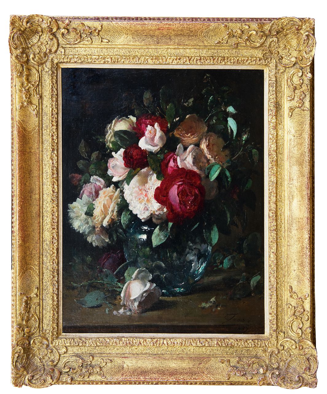 Joors E.  | Eugeen Joors | Paintings offered for sale | Roses in a glass vase, oil on canvas 45.5 x 35.6 cm, signed l.r. and dated 1887