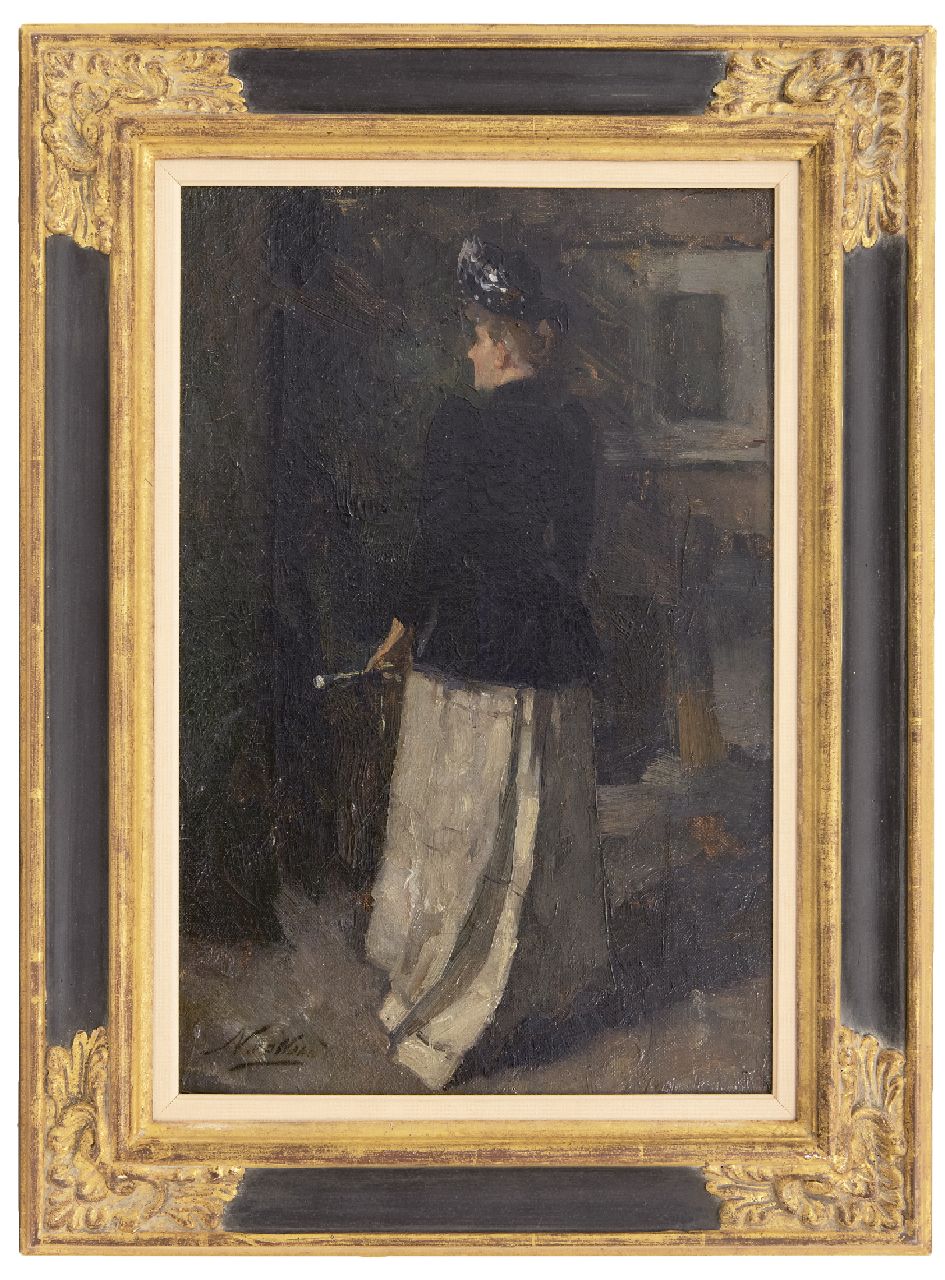 Waay N. van der | Nicolaas van der Waay, Young woman in riding costume, oil on canvas 42.0 x 28.3 cm, signed l.l.