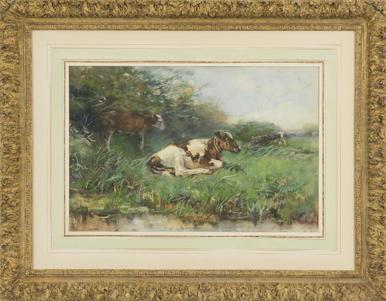 Nat W.H. van der | 'Willem' Hendrik van der Nat, Calfs in a pasture, watercolour on paper 33.3 x 49.6 cm, signed l.r.