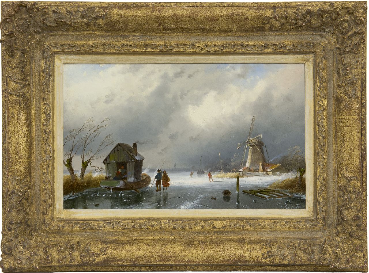 Leickert C.H.J.  | 'Charles' Henri Joseph Leickert, Upcoming snowstorm, oil on panel 16.4 x 26.1 cm, signed l.r.