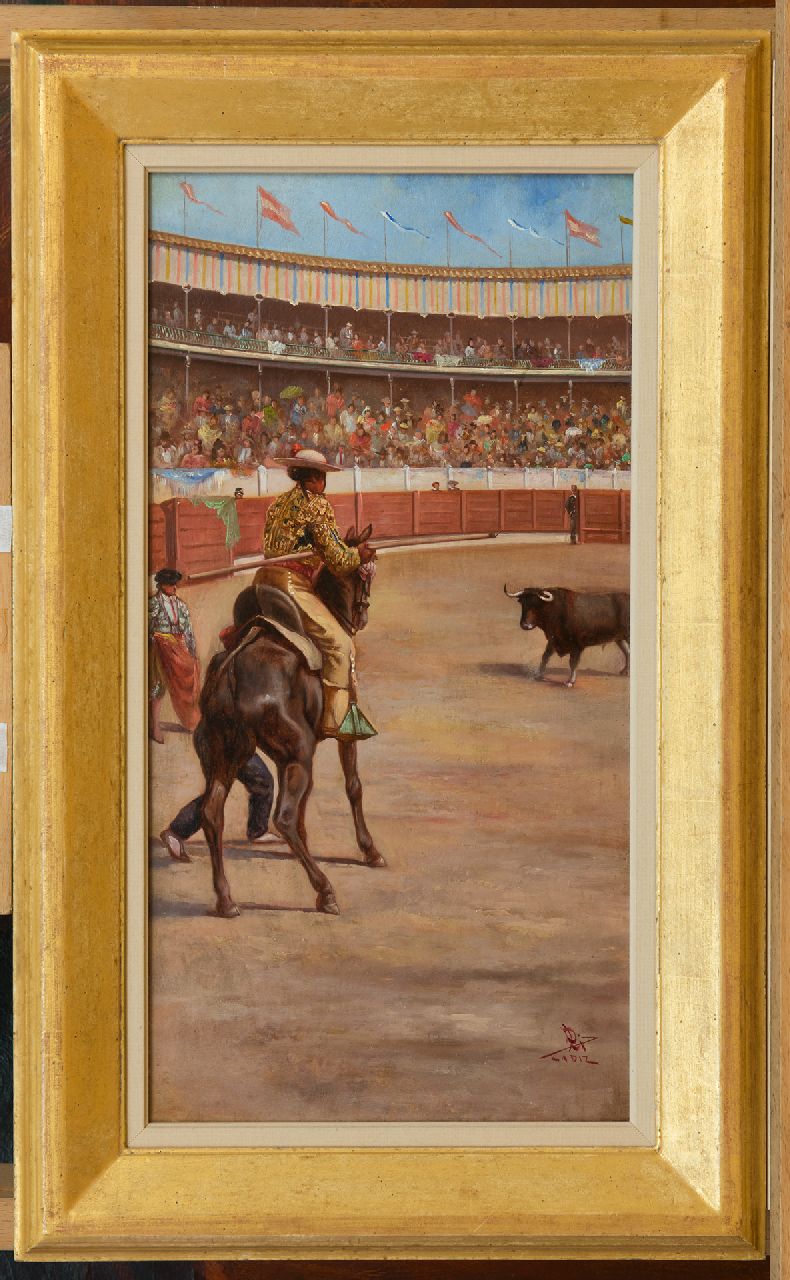 Spaanse School, begin 20e eeuw   | Spaanse School, begin 20e eeuw | Paintings offered for sale | Torero in action, Cadiz, oil on panel 42.5 x 22.3 cm, signed l.r. with initials