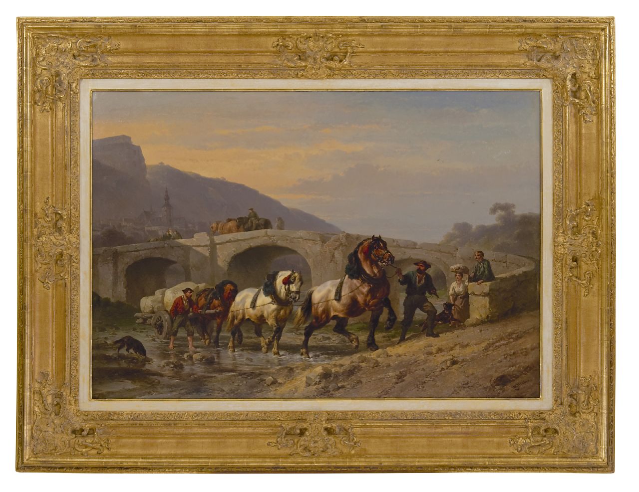 Verschuur W.  | Wouterus Verschuur, Workhorses near a bridge, oil on panel 69.0 x 100.5 cm, signed l.r.