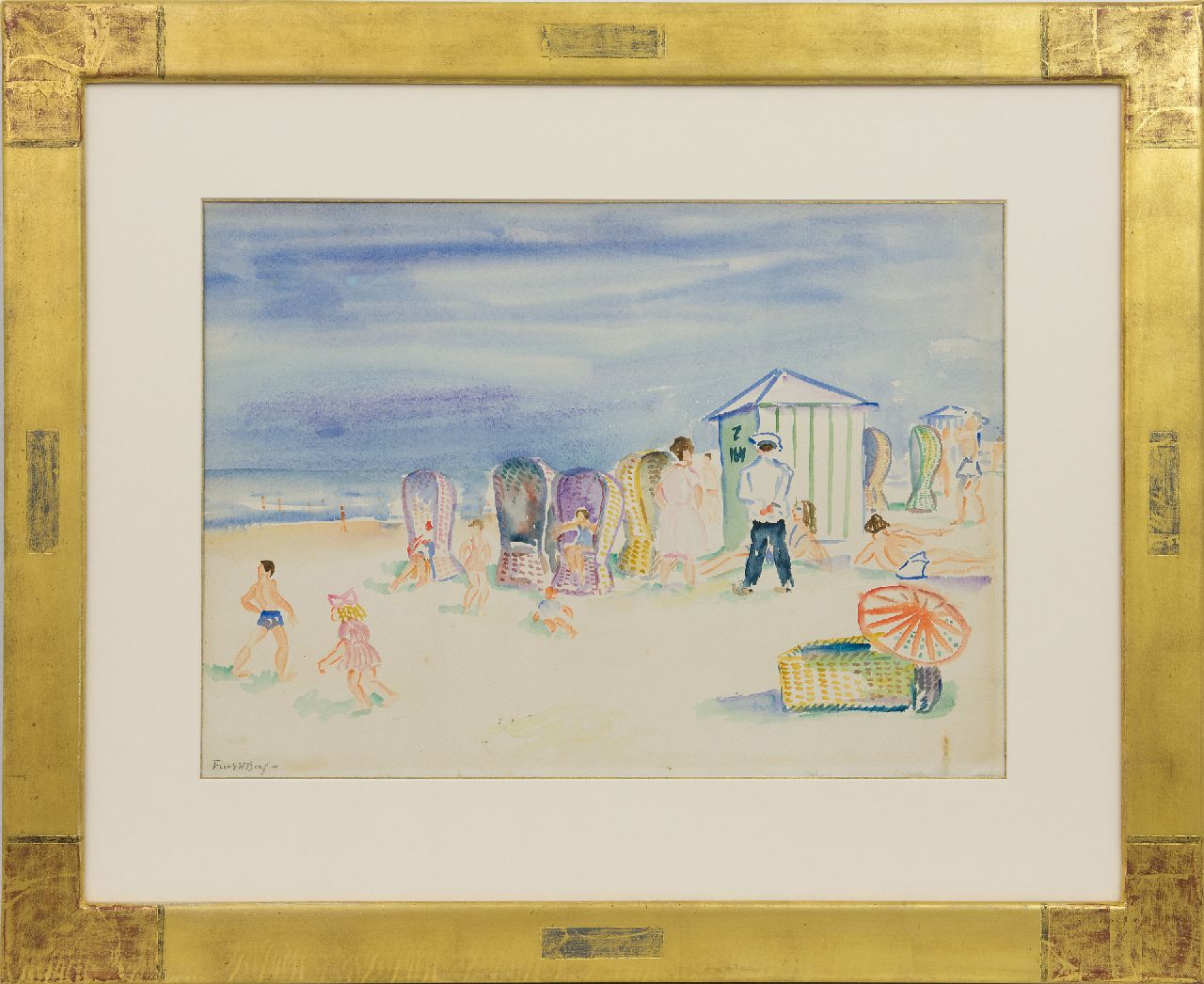 Berg J.F. van den | Johannes Fredericus 'Freek' van den Berg, Beach scene with figures, watercolour on paper 38.2 x 54.5 cm, signed l.l.