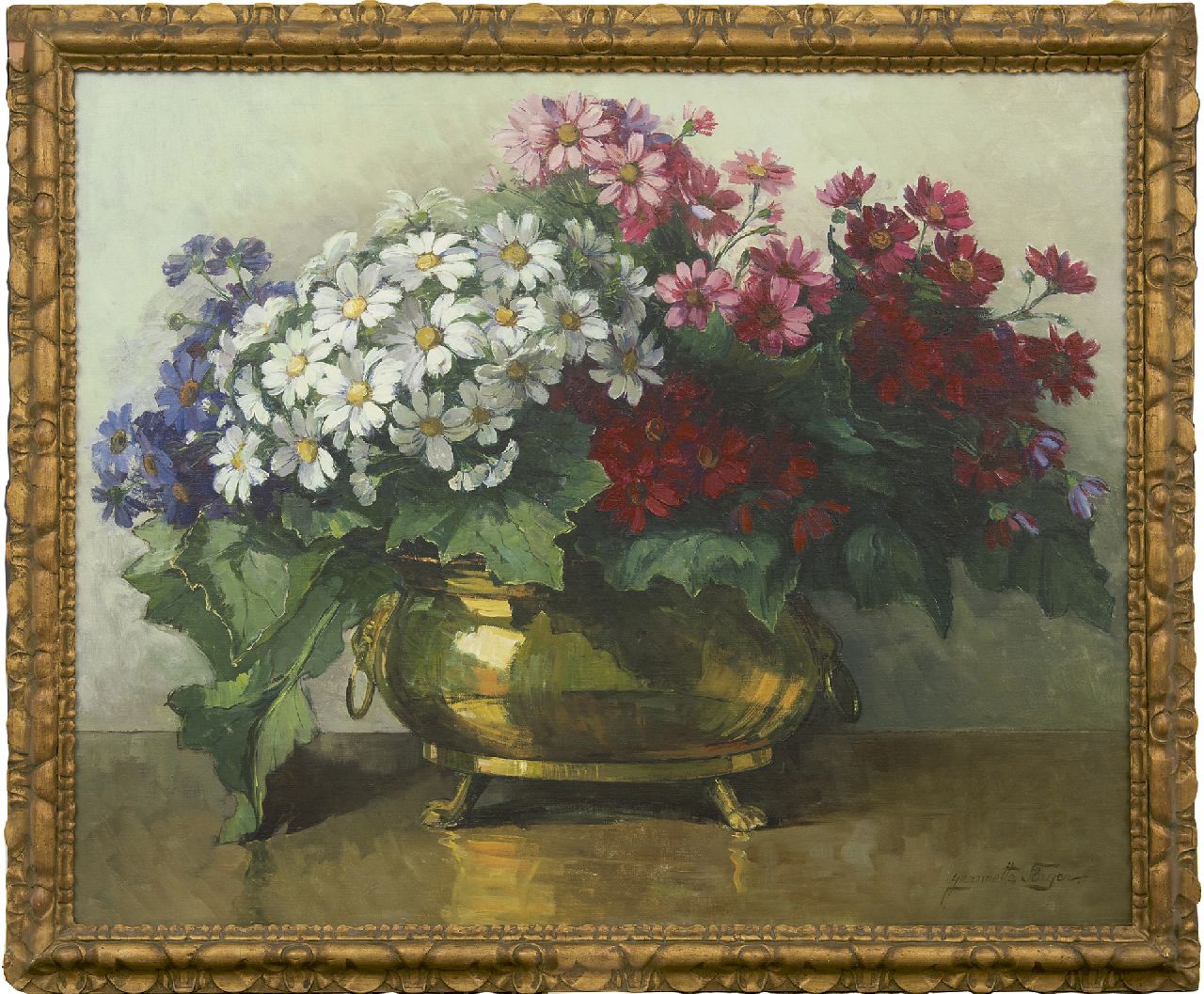 Slager J.J.M.  | 'Jeanette' Josephia Maria Slager, Cineraria in a copper pot, oil on canvas 80.8 x 100.6 cm, signed l.r.