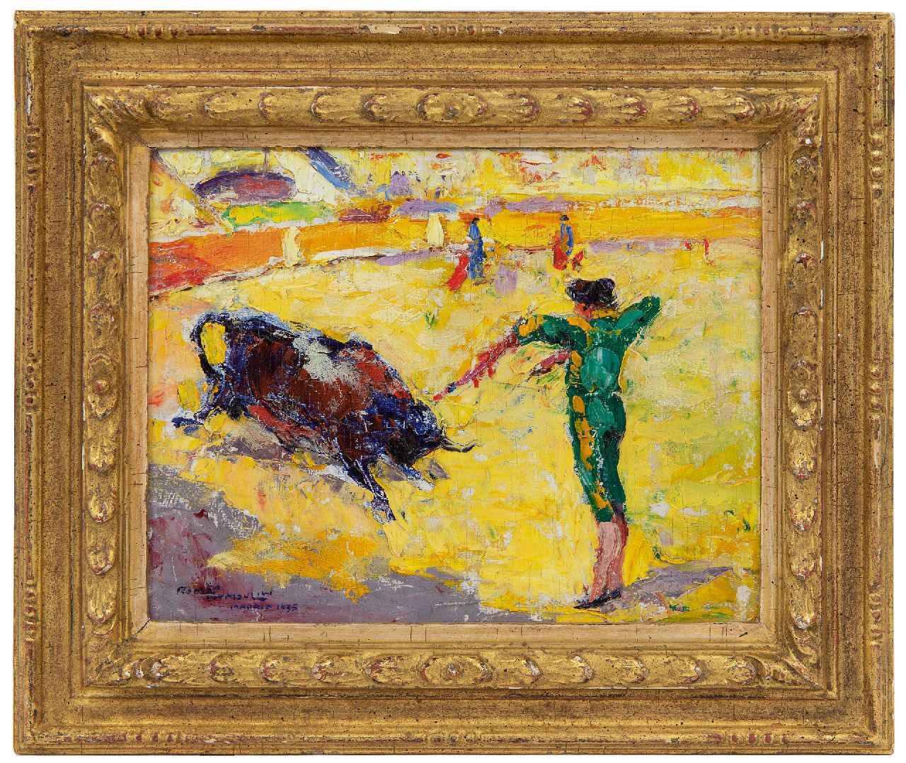 Dumoulin R.  | Roméo Dumoulin, The bullfighter, oil on canvas 17.2 x 22.3 cm, signed l.l. and dated 1935