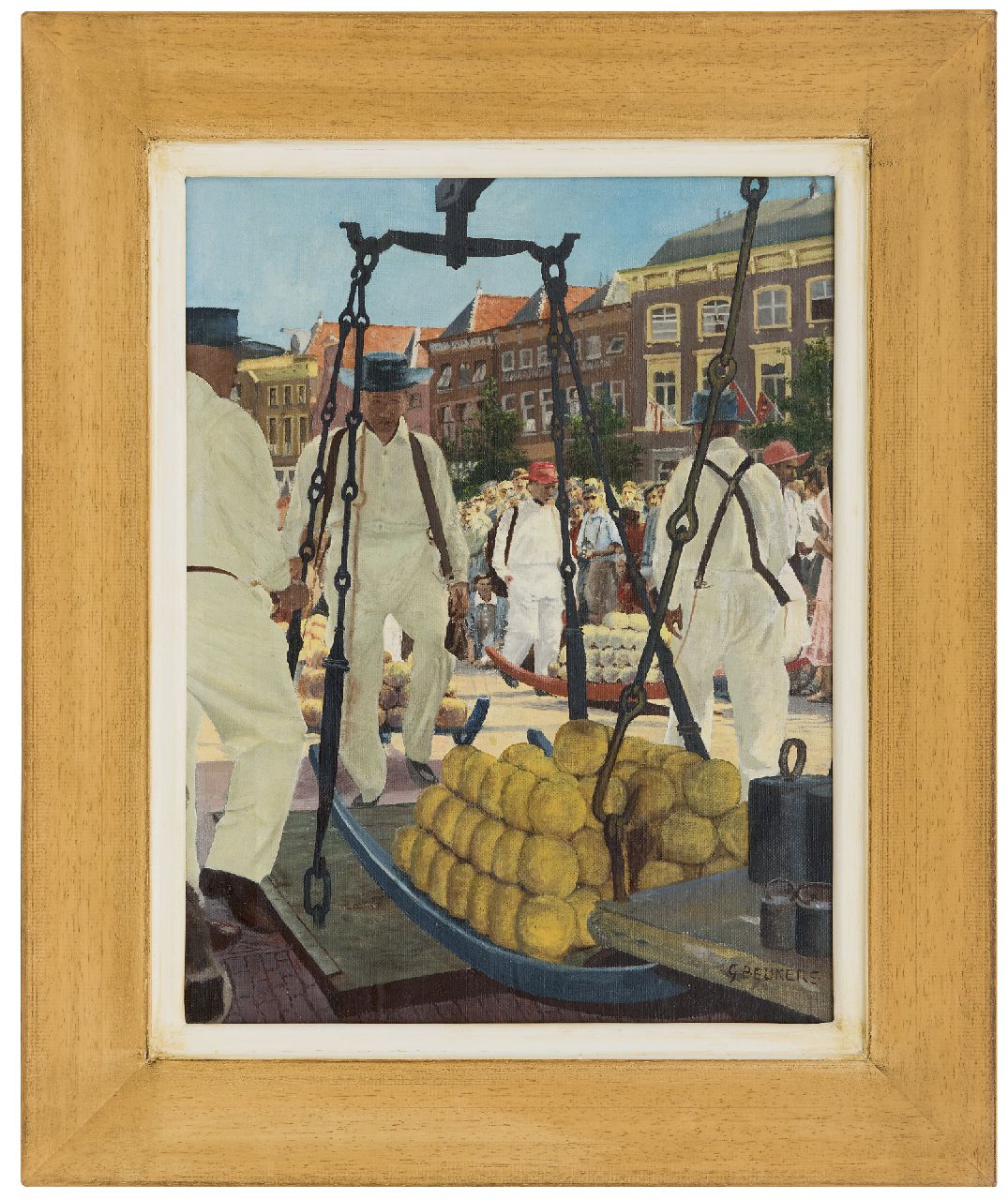 Beukers G.  | Beukers, Cheese carriers in Alkmaar, oil on canvas laid down on panel 39.2 x 30.4 cm, signed l.r.