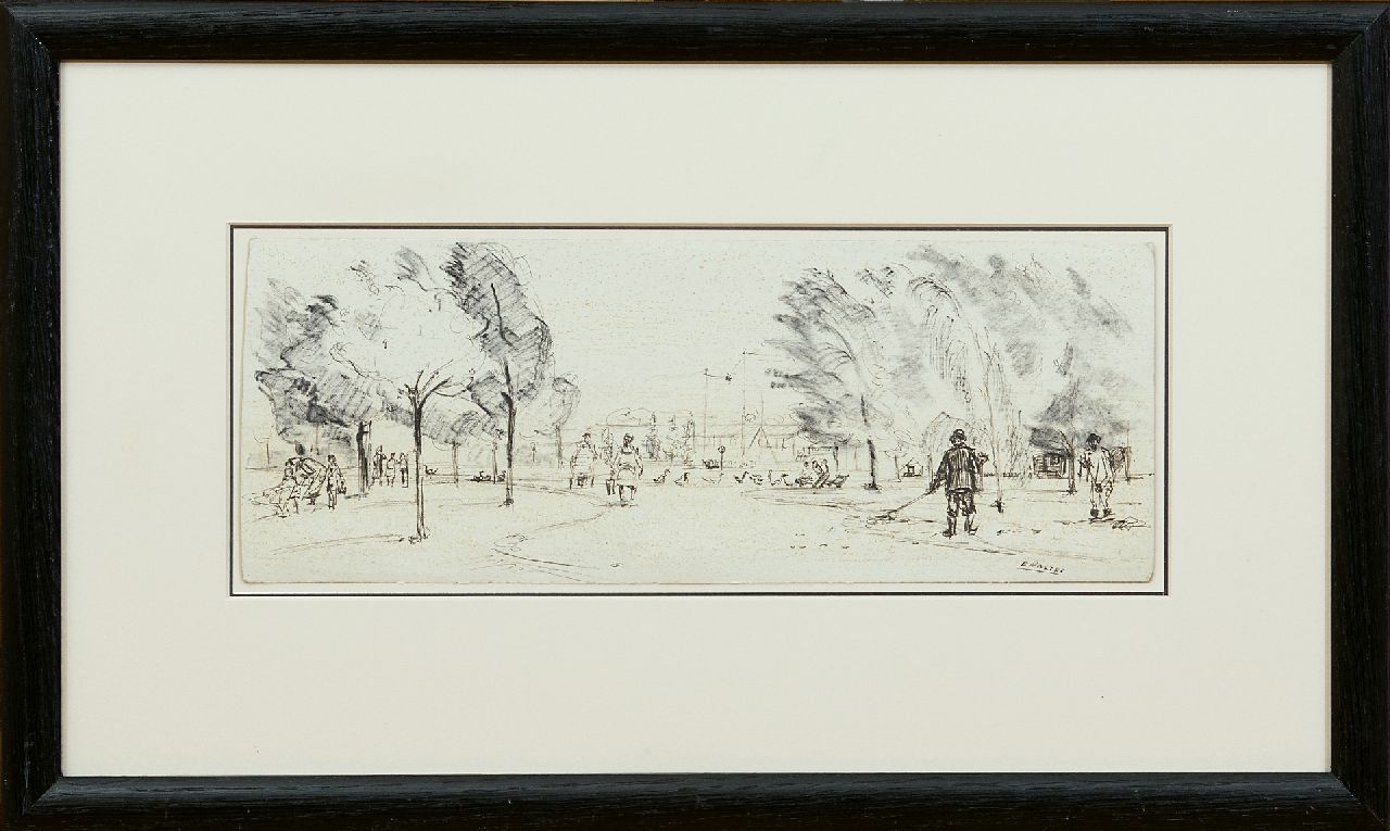 Noltee B.C.  | Bernardus Cornelis 'Cor' Noltee | Watercolours and drawings offered for sale | Public garden, drawing on paper 11.4 x 30.5 cm, signed l.r.