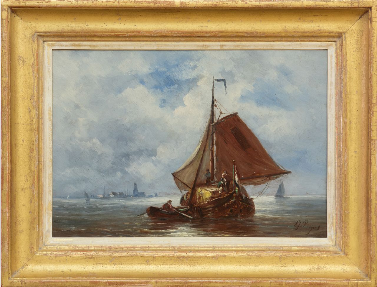 Prooijen A.J. van | Albert Jurardus van Prooijen, A hayship, sailing, oil on panel 23.7 x 34.3 cm, signed l.r.