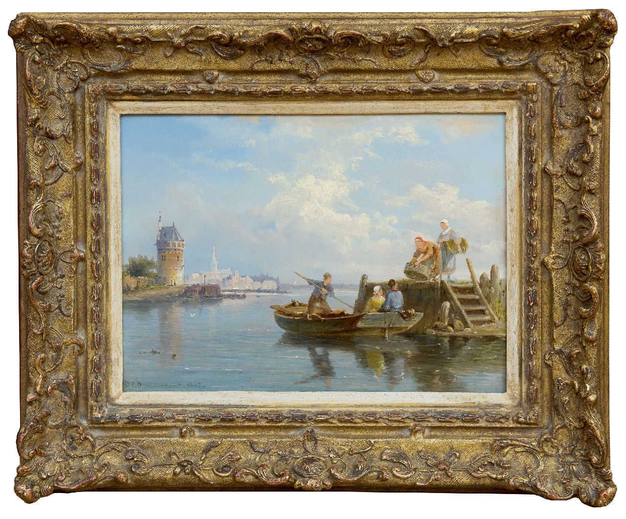 Dommershuijzen P.C.  | Pieter Cornelis Dommershuijzen | Paintings offered for sale | Unloading the catch, Hoorn, oil on panel 18.8 x 25.4 cm, signed l.l. and dated 1887