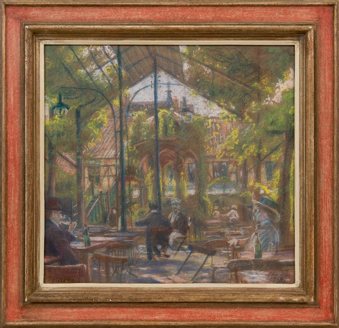 Due O.W.S.  | Ole Wolhardt Stampe Due | Watercolours and drawings offered for sale | Garden café in Copenhagen, pastel on paper 49.3 x 55.0 cm, signed l.r. and dated 1909