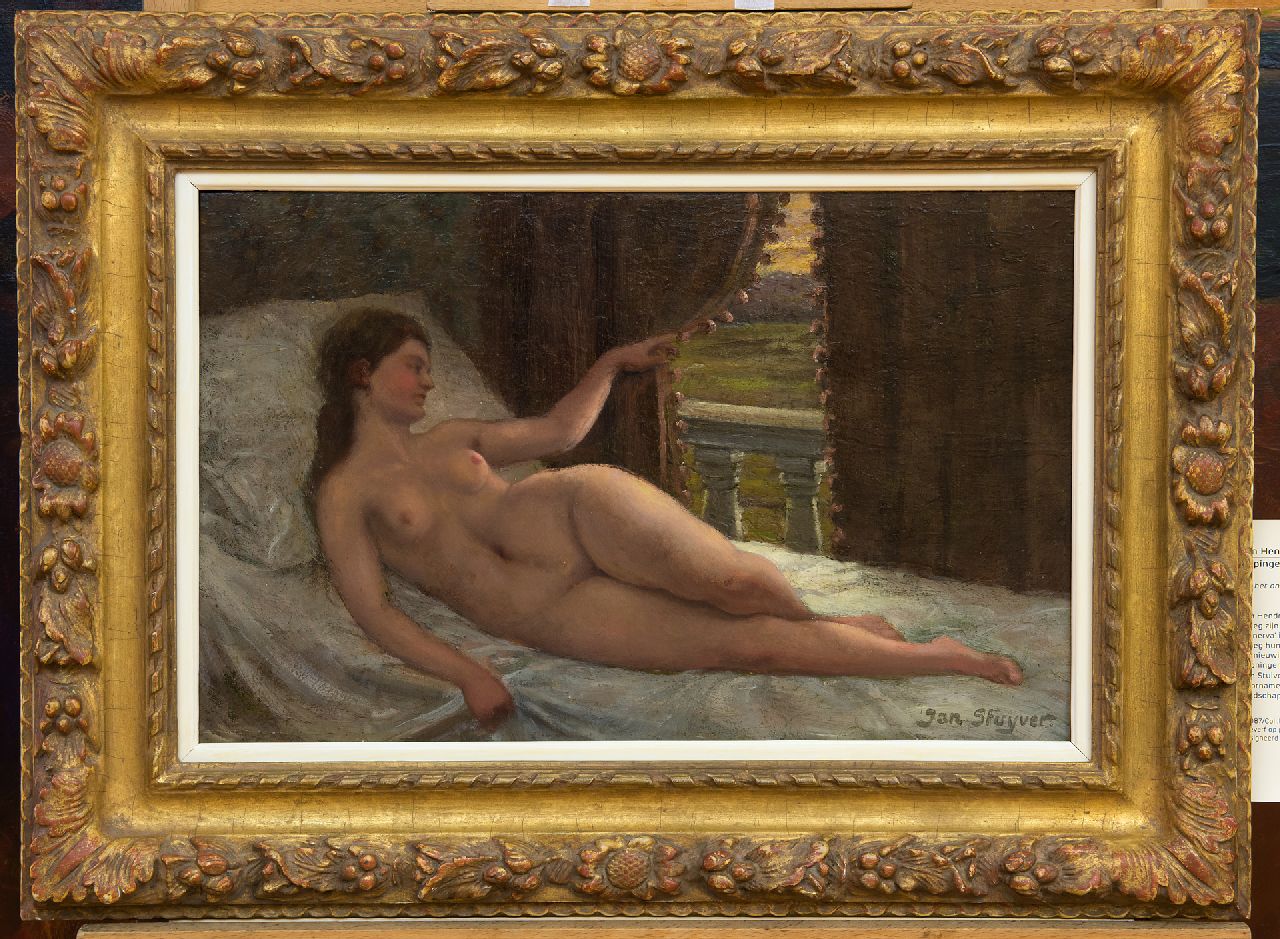 Stuyver J.  | Jan Stuyver, Nude, oil on panel 29.7 x 48.1 cm, signed l.r.