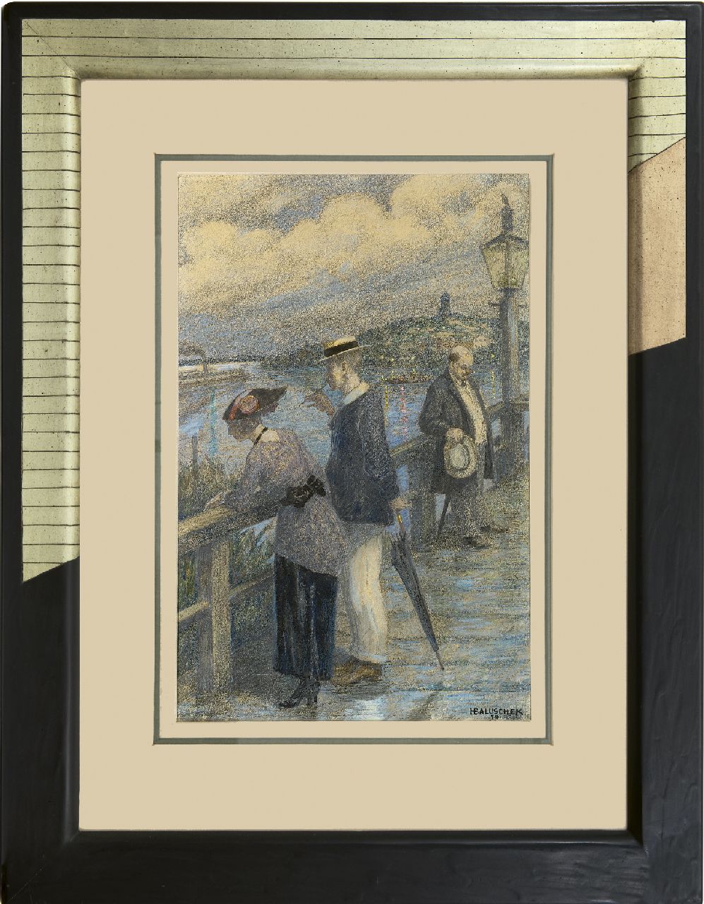 Baluschek H.  | Hans Baluschek | Watercolours and drawings offered for sale | Couple on the bridge, chalk and gouache on paper 48.5 x 33.0 cm, signed l.r. and dated '14