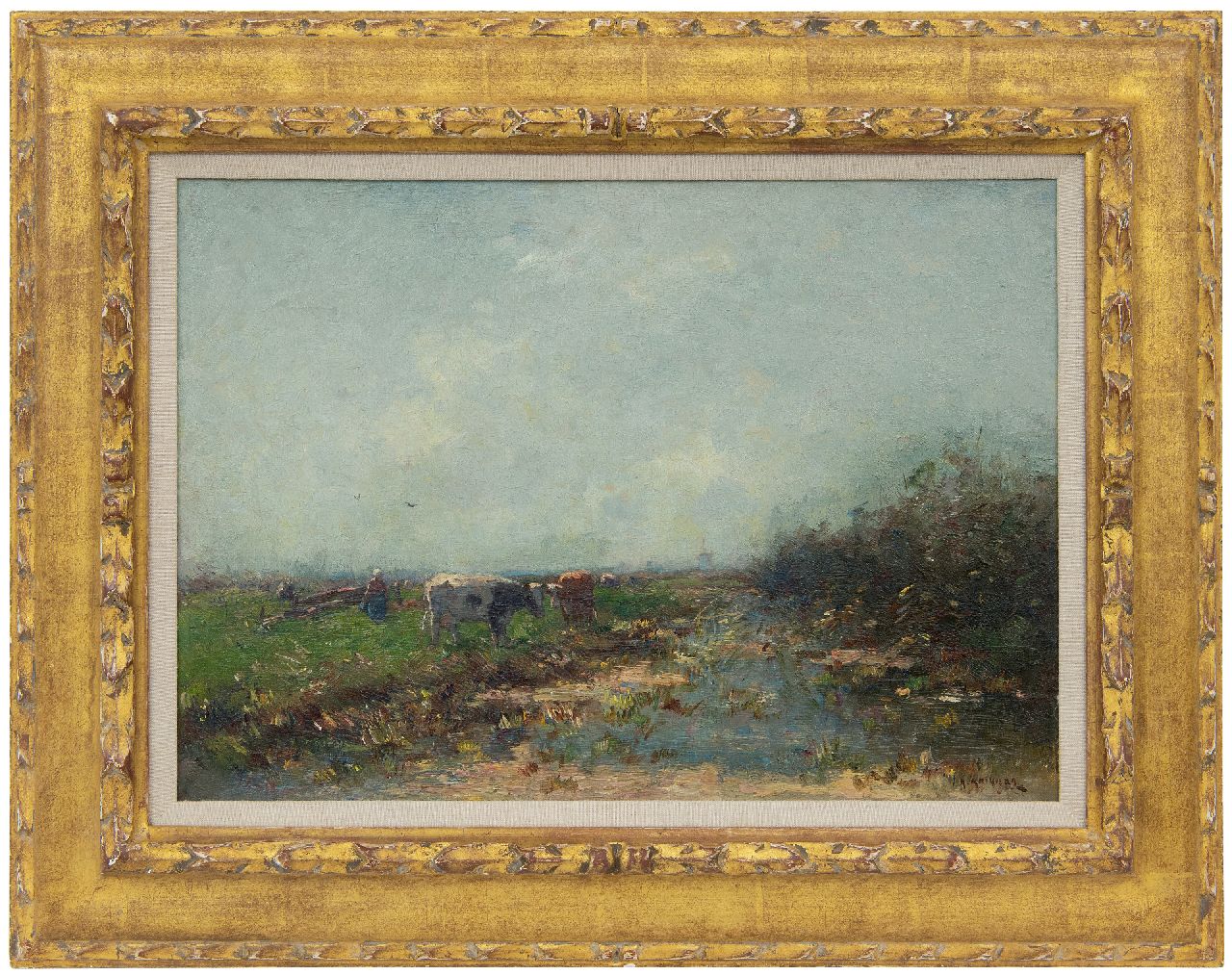 Knikker A.  | Aris Knikker, Milking time, oil on canvas 30.8 x 43.5 cm, signed l.r.