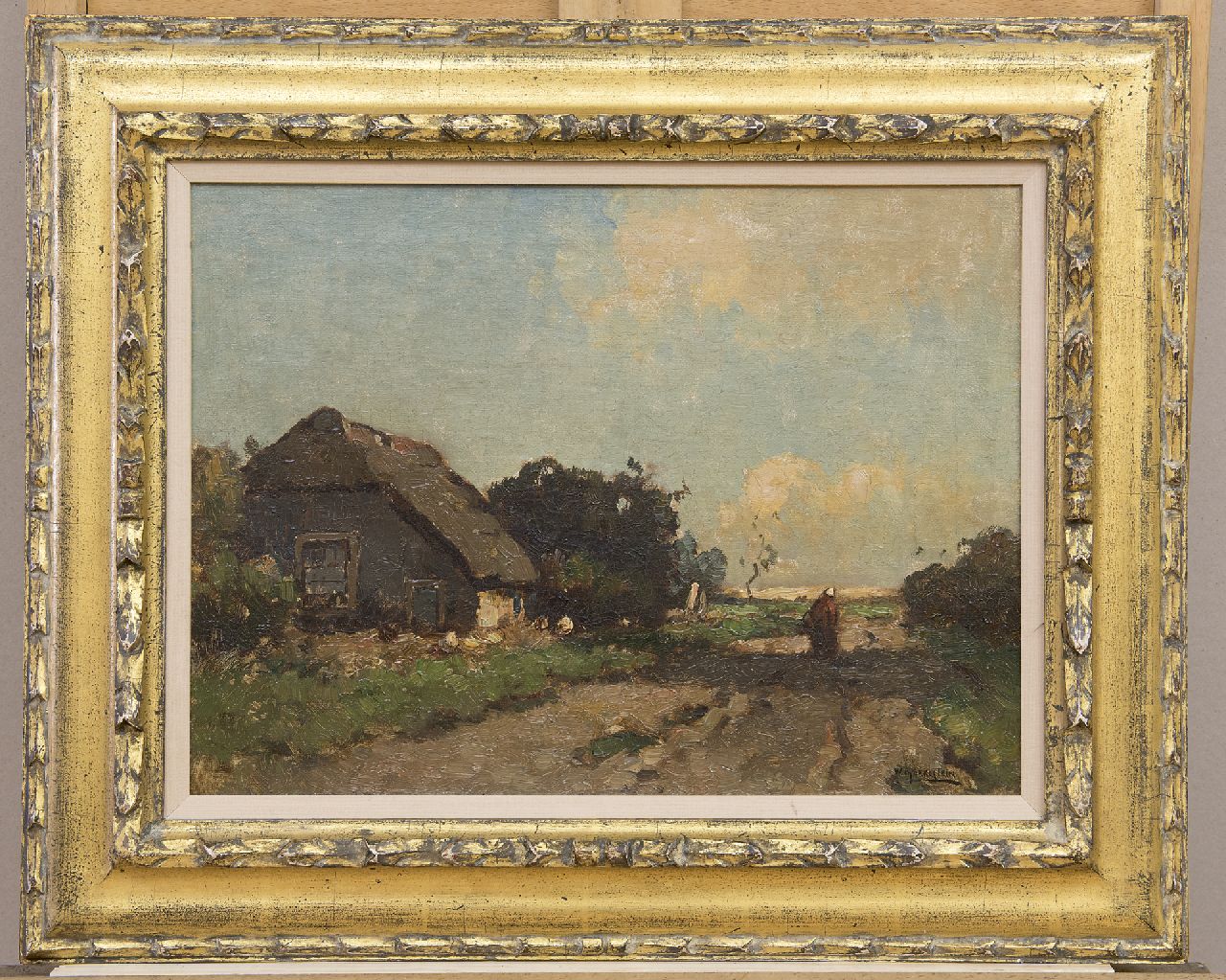Knikker A.  | Aris Knikker, Farmer's wife near a cottage, oil on canvas 30.2 x 40.5 cm, signed signed with pseudonym 'W. Markestein'