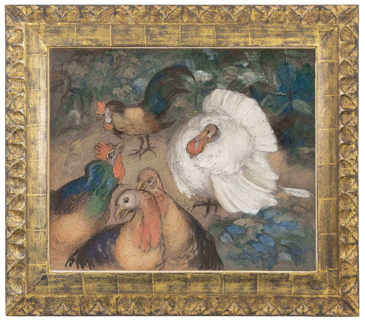 Hoytema Th. van | Theodorus 'Theo' van Hoytema | Watercolours and drawings offered for sale | Poultry, chalk and watercolour on board 49.6 x 59.6 cm, signed l.r. with monogram and in full