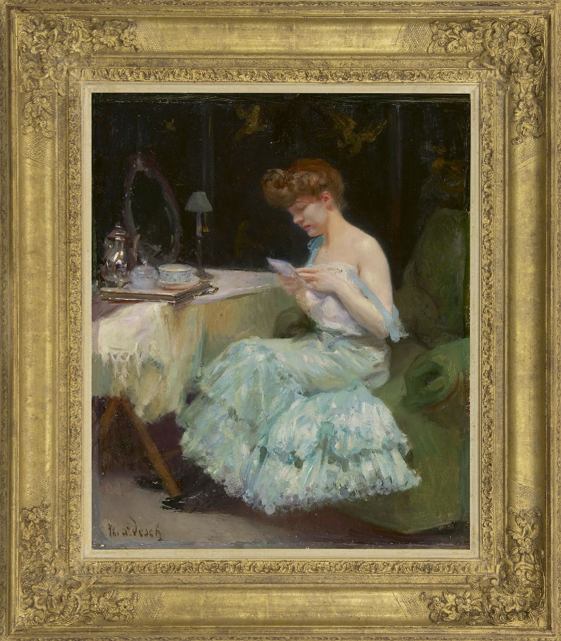 Desch A.T.  | Auguste Théodore Desch, The letter, oil on panel 56.0 x 45.9 cm, signed l.l. and on label on the reverse and te dateren ca. 1906
