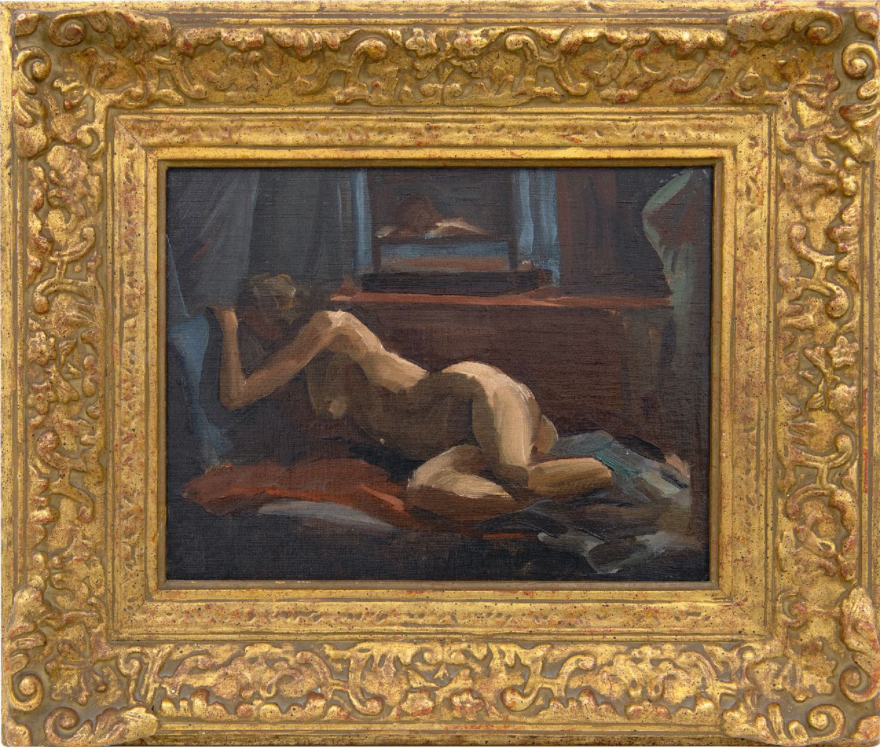 Maze P.L.  | 'Paul' Lucien Maze | Paintings offered for sale | Reclining nude and voyeur, oil on canvas laid down on board 27.0 x 34.8 cm