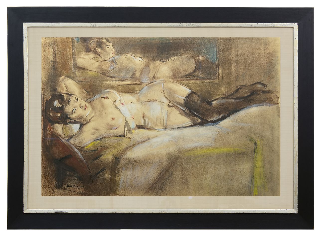 Meegeren H.A. van | Henricus Antonius 'Han' van Meegeren | Watercolours and drawings offered for sale | Reclining nude in front of a mirror, pastel on paper 61.0 x 95.0 cm, signed l.l.