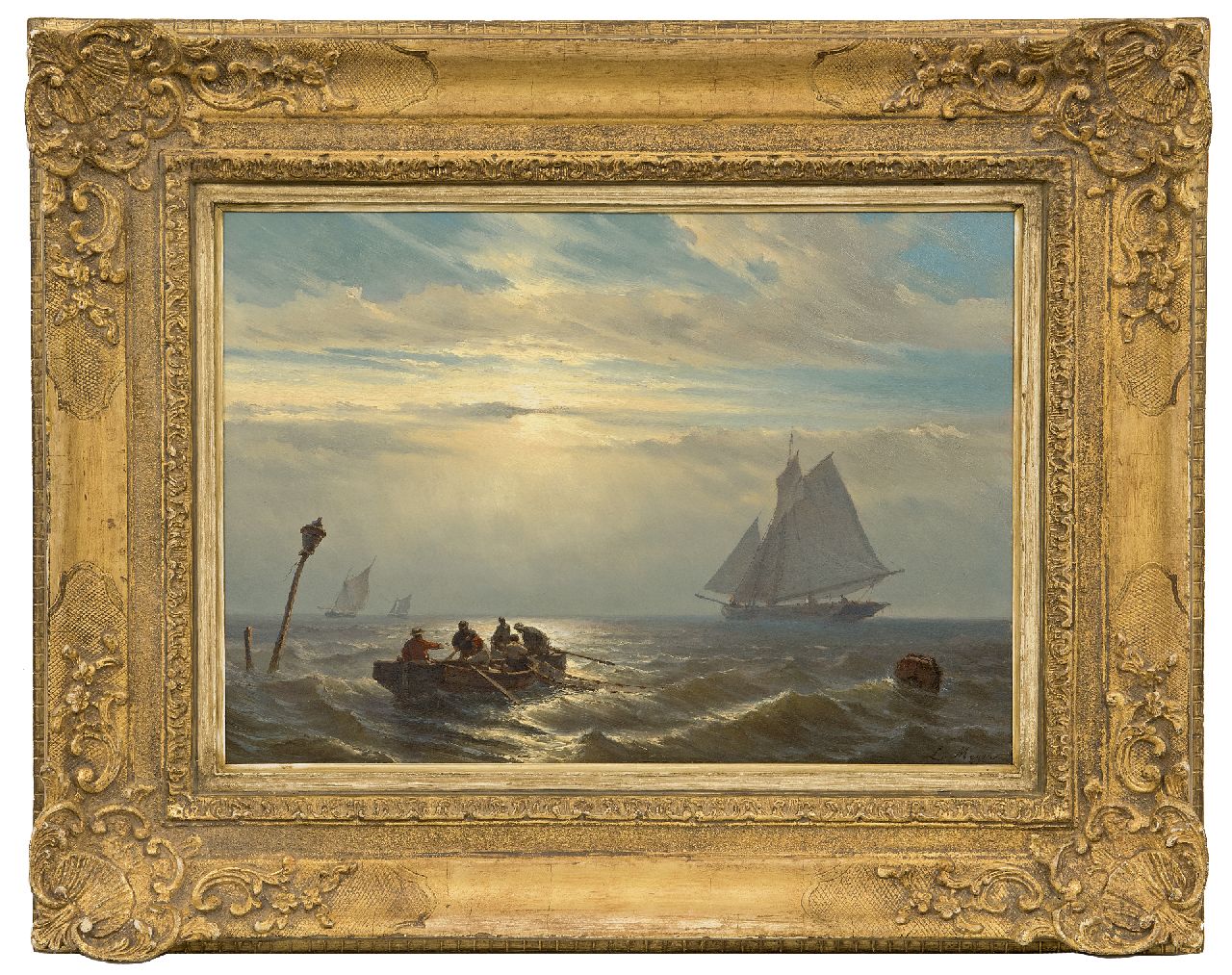 Meijer J.H.L.  | Johan Hendrik 'Louis' Meijer | Paintings offered for sale | Vessels in open sea at sunset, oil on panel 30.7 x 42.1 cm, signed l.r.