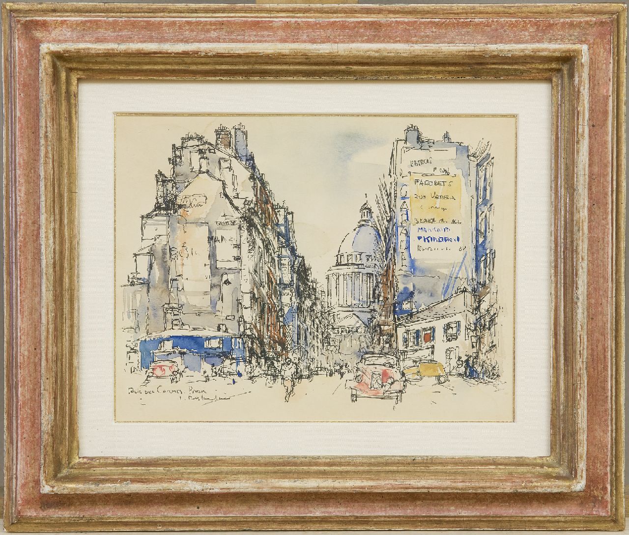 Rijlaarsdam J.  | Jan Rijlaarsdam, The Rue des Carmes, Paris, with a Citroën Traction Avant, pen, ink and watercolour on paper 18.9 x 24.2 cm, signed l.l. and executed in the 1950s