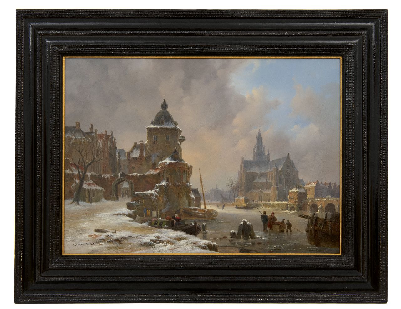 Hove B.J. van | Bartholomeus Johannes 'Bart' van Hove | Paintings offered for sale | A town view in winter with frozen waterway, oil on panel 34.2 x 48.5 cm, signed l.l.