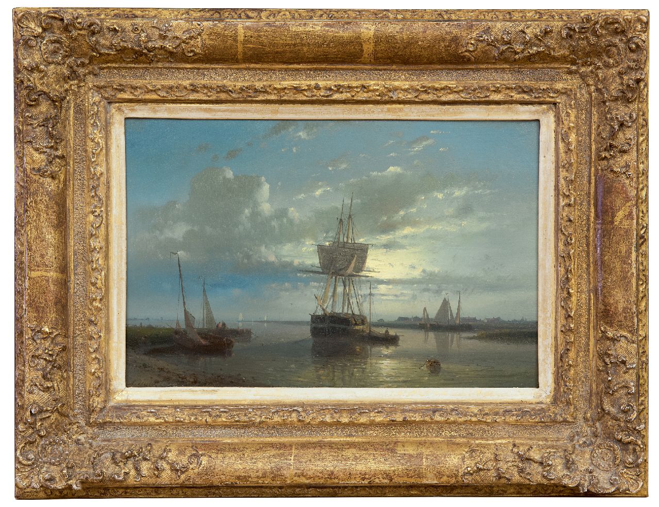 Hulk A.  | Abraham Hulk, Moored sailingships at sunset, oil on panel 16.6 x 25.3 cm, signed l.l.