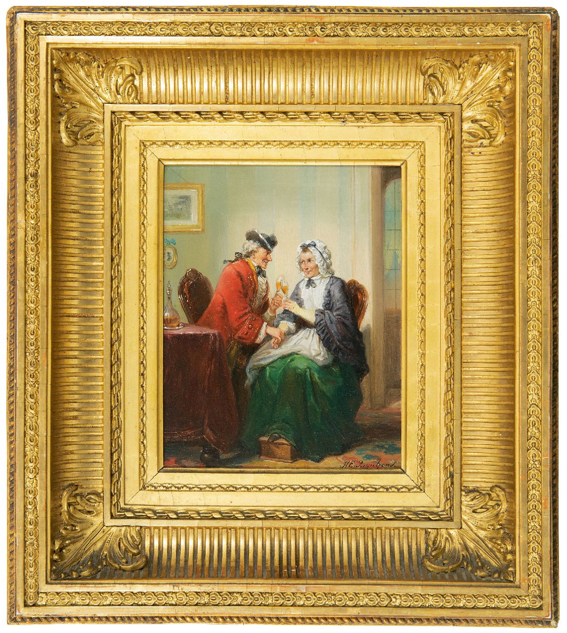 Reijntjens H.E.  | Henricus Engelbertus Reijntjens | Paintings offered for sale | The sealing of the marriage proposal, oil on panel 19.3 x 15.1 cm, signed l.r.