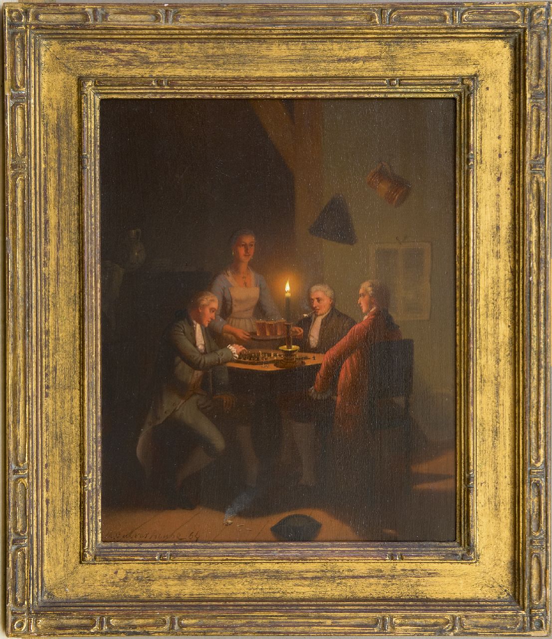 Culverhouse J.M.  | Johan Mengels Culverhouse | Paintings offered for sale | Chess players by candle light, oil on panel 26.8 x 21.3 cm, signed l.l. and dated '64