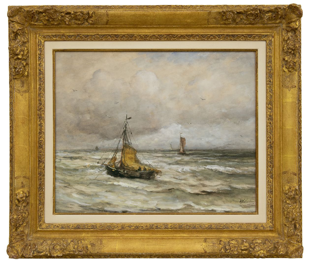 Mesdag H.W.  | Hendrik Willem Mesdag, At anchor in the surf, watercolour and gouache on paper 44.5 x 55.4 cm, signed l.r.