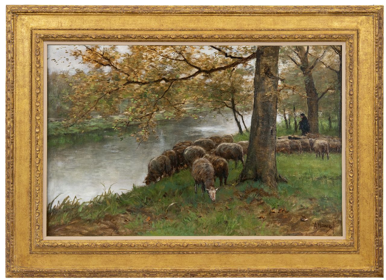 Mauve A.  | Anthonij 'Anton' Mauve, Sheep watering by a river, oil on canvas 60.5 x 90.2 cm, signed l.r. and painted ca. 1870