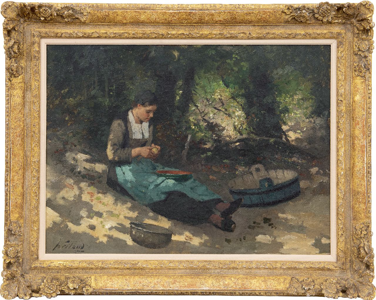 Weiland J.  | Johannes Weiland, Peeling potatoes, oil on canvas 40.3 x 55.4 cm, signed l.l.