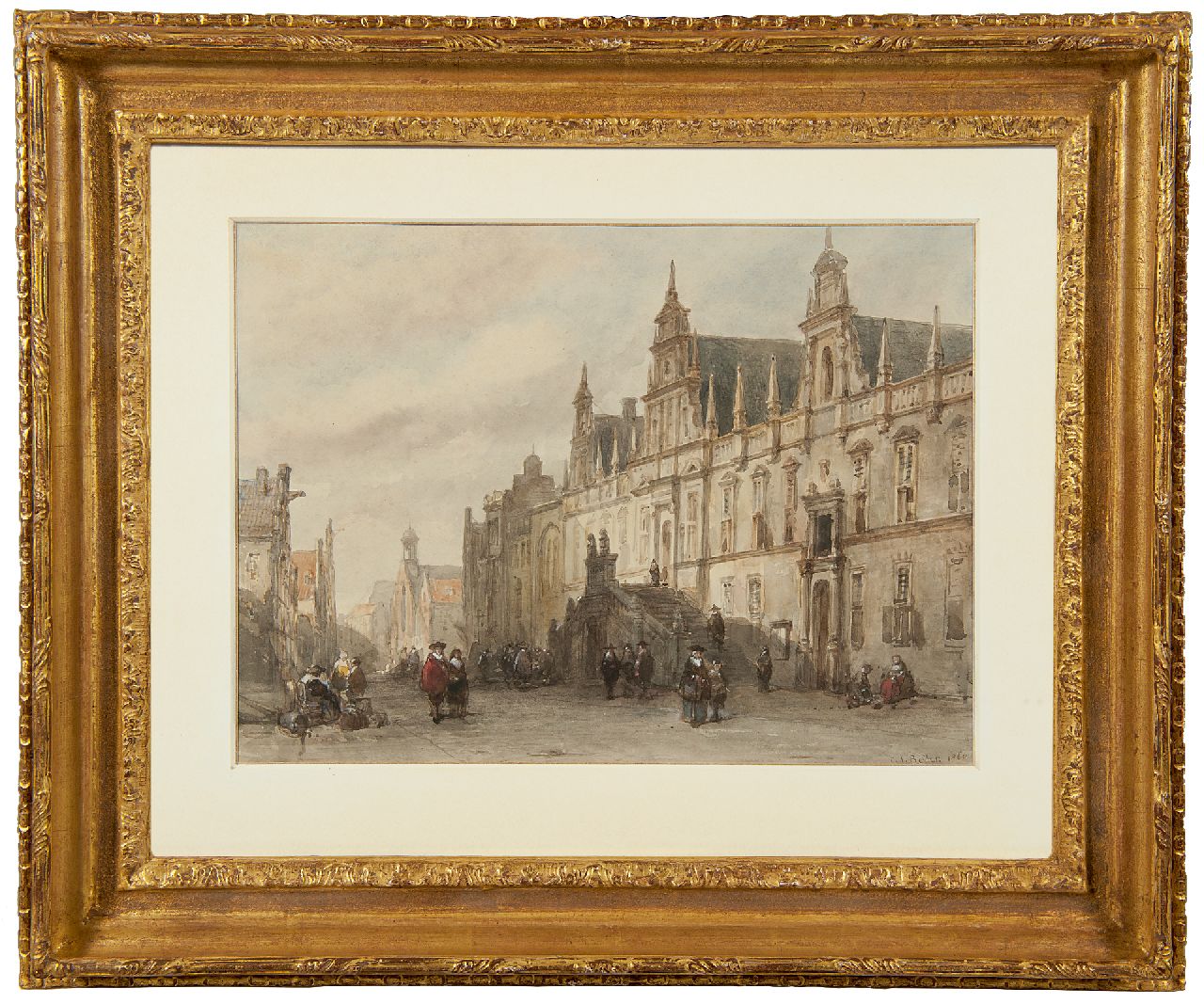 Behr C.J.  | Carel Jacobus Behr | Watercolours and drawings offered for sale | A view of the Town Hall of Leiden, watercolour on paper 24.0 x 31.7 cm, signed l.r. and dated 1860