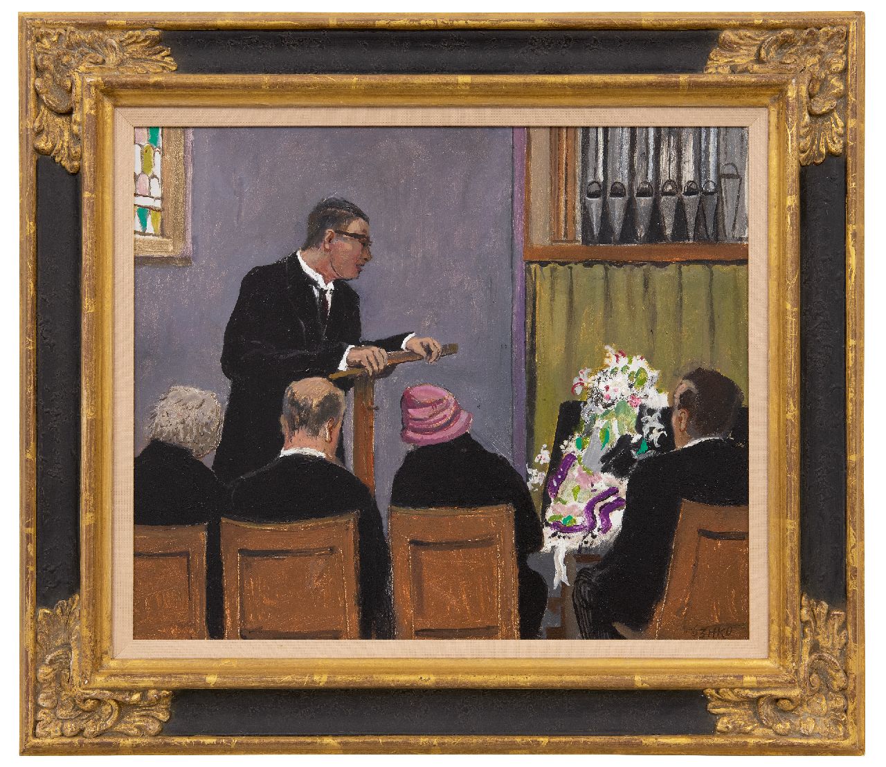Kamerlingh Onnes H.H.  | 'Harm' Henrick Kamerlingh Onnes | Paintings offered for sale | The memorial service, oil on board 34.1 x 40.8 cm, signed l.r. with monogram and dated '63
